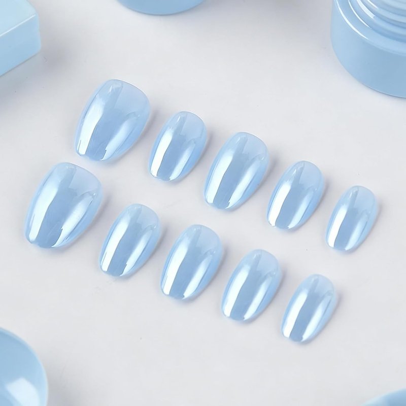 Skiennix Light Blue Press-On Nails - Short Oval Chrome Design | Reusable Full Cover 32 Pcs
