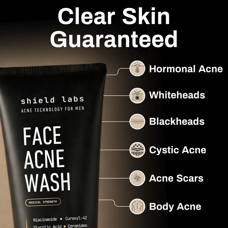 Shield Men's Acne Body Wash for Back, Chest & Shoulders - 4% Benzoyl Peroxide Body Wash, Clears Breakouts & Acne Scars – Unscented with Niacinamide, Glycolic Acid & Ceramides, 8.5 oz
