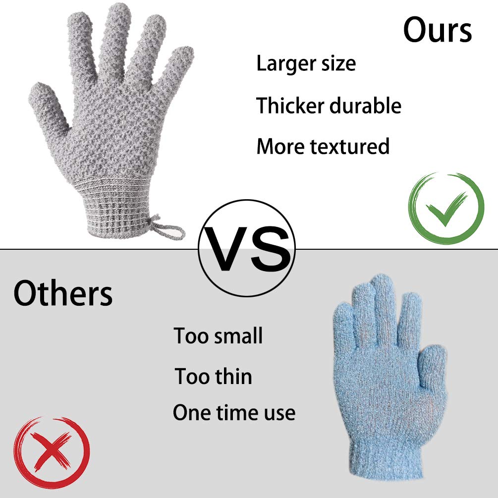 CLEEDY Bath Exfoliating Gloves - 4 Pcs Lengthened and Large Scrubbing Gloves for Shower, Spa, Massage - Scrub Mitts for Body, Face, Hand and Foot (Black and Gray)