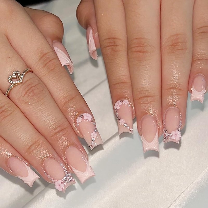 24Pcs French Tip Press on Nails Medium Square Fake Nails 3D Nail Tip Design Glue on Nails Flower Charms Rhinestone Full Cover Luxury Acrylic Nails Nude Pink Artificial False Nails Kits for Women