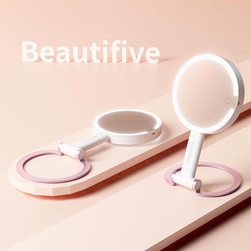 7-Inch Magnifying Mirror with Light - Rechargeable Double-Sided 10X/1X Handheld Makeup Mirror | Pink with Stepless Dimming