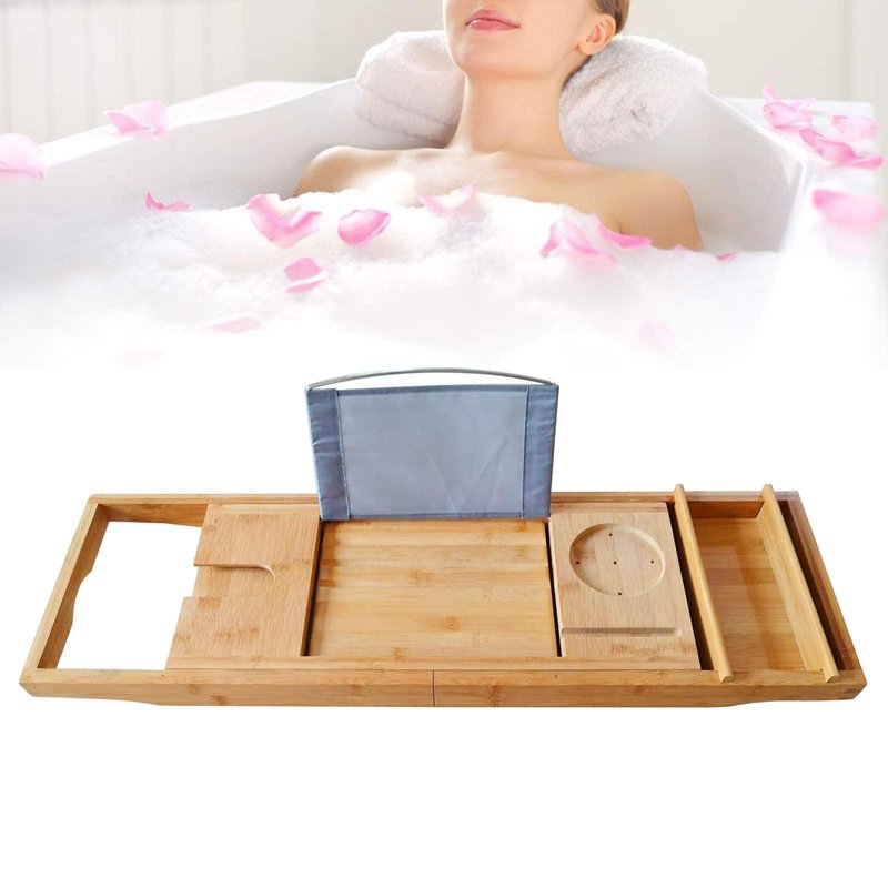 Bamboo Bathtub Tray Expandable Bathroom Tray for Home Spa Relaxation, Premium Foldable Wood Bath Table, Soap Dish, Book, Phone & Tablet Holder, Wine Glass Slot - Relaxing Bath Caddy