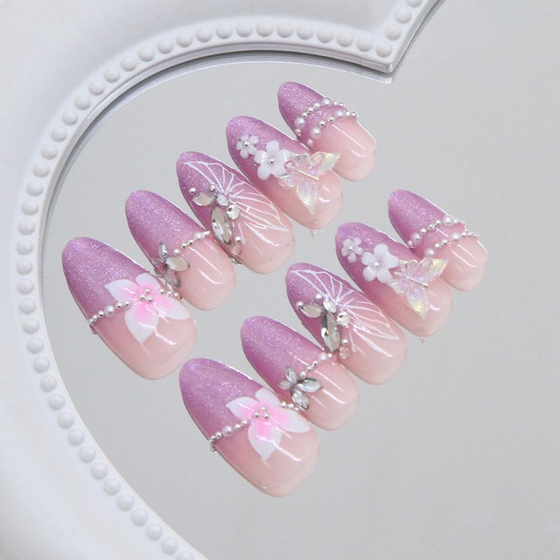 Gradient Purple Press-On Nails - Medium Almond French Tip with Glitter & 3D Pearl Gems | 30 Pcs Acrylic Set for Women