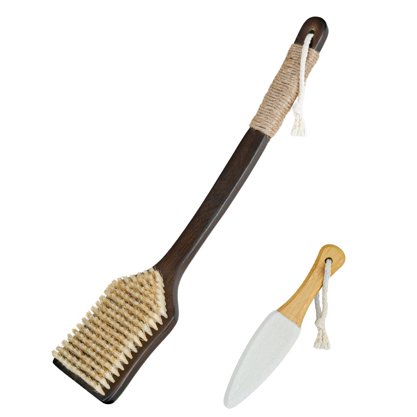 Shower Back Scrubber with Curved Long Handle, Medium-Hard Natural Boar Bristles Back Scrubber for Shower for Men and Women Exfoliator Set with Foot File (2 Pack)