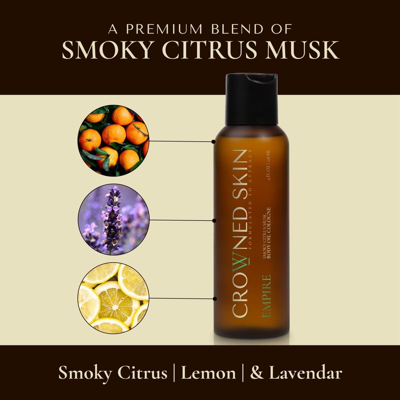 Crowned Skin Empire Body Oil Cologne for Men | Smoky Citrus Musk | As Seen On Shark Tank | Scented with Lemon & Lavender | Infused with Natural Jojoba & Grapeseed Oil | All-Day Fragrance | 4oz