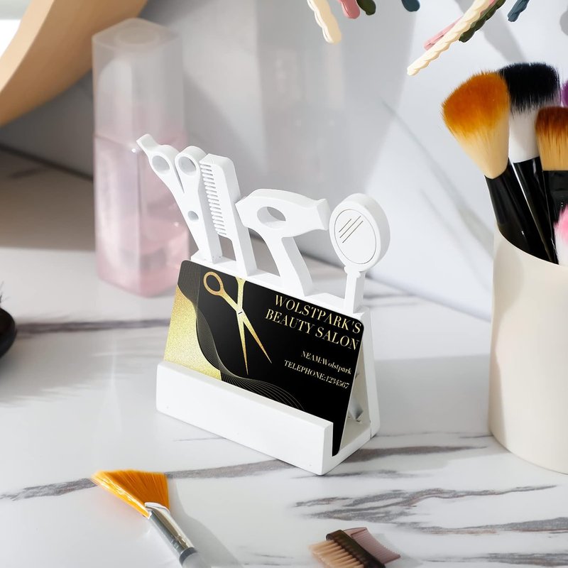 Lincia Wooden Hair Stylist Business Card Holder - 2 Pcs Display Stand for Salon & Office | White