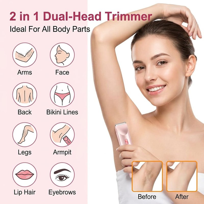 Bikini Trimmer for Women-2 in 1 Dual Head Bikini Shaver & Body Shaver,IPX7 Cordless & Waterproof Electric Shaver Wet & Dry Use,Painless Hair Removal,Ceramic Blade, Ultra Low Silent(Pink)