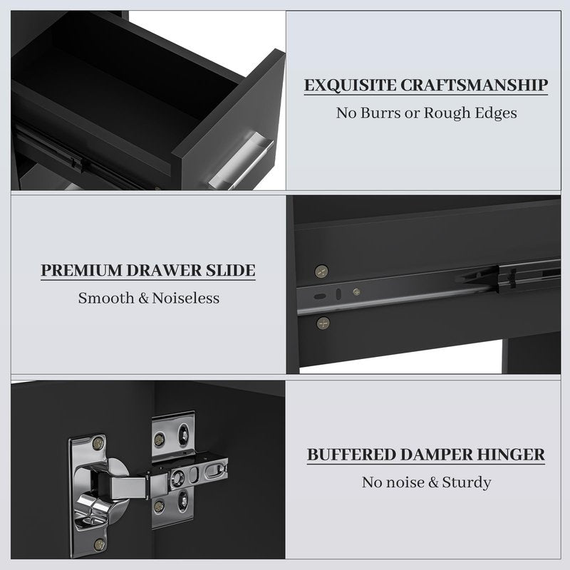 Charmmade Black Nail Desk for Nail Tech with Drawers, Acetone Resistant Manicure Table Nail Tech Desk Storage Cabinet, Open Drawer, Wrist Pad, Metal Legs, for Beauty, Salon, Spa Makeup