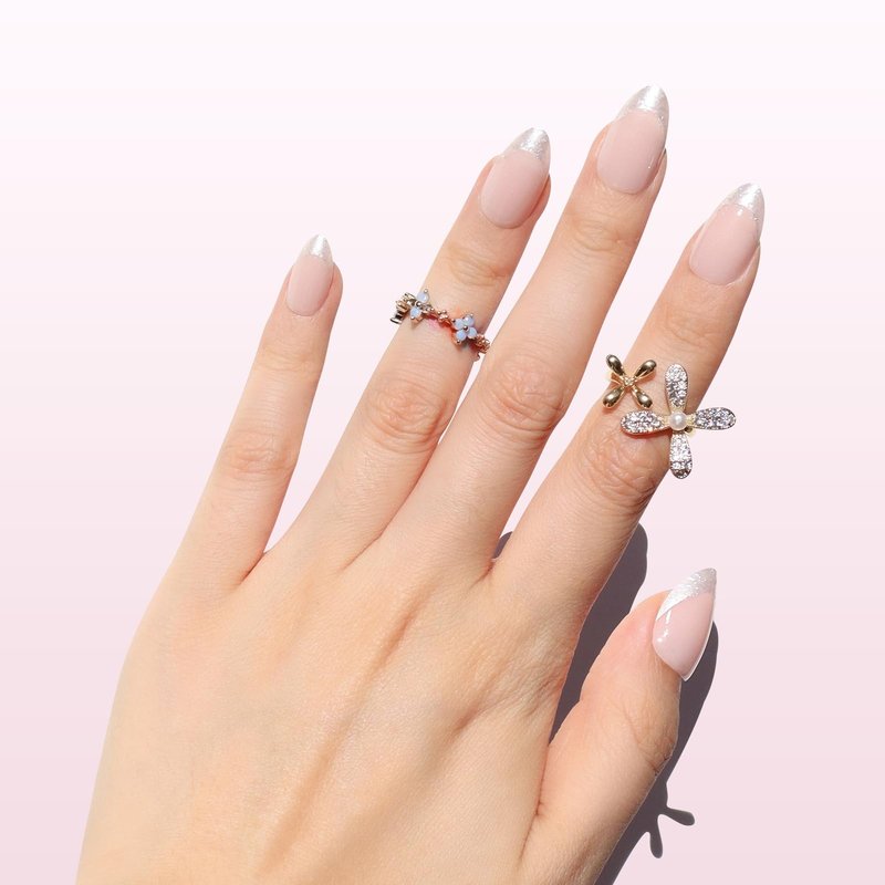 Nail Reformation Press On Nails, Sheer Nude Short Almond Fake Nails in Silver Glitter French Tip with Glossy Finish, Reusable Stick On Nails in 16 Sizes - 32 False Nail Kit with Glue, Gifts for Women
