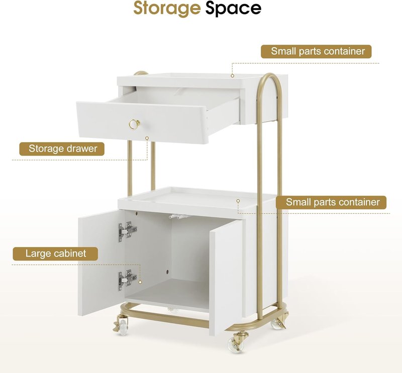BarberPub Salon Trolley - Rolling Cart with Universal Wheels & Drawer | Metal Organizer for Hair Stylists & SPA (White)
