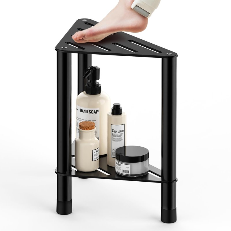 Corner Shower Stool for Inside Shower - 15.5in Shower Foot Rest with Storage Shelf, Stainless Steel Shower Stool for Shaving Legs, Bathroom Bench Suitable for Small Shower Spaces, Black