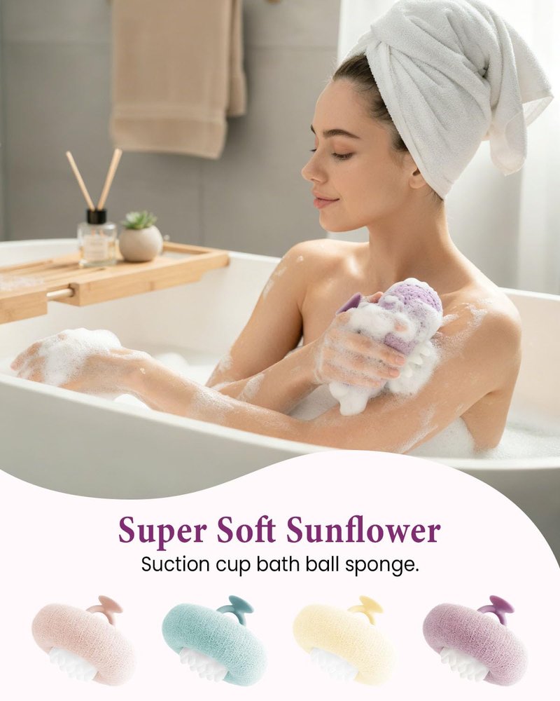 2Pcs Super Soft Sunflower Suction Cup Bath Ball, 2-in-1 Super Soft African Exfoliating Shower Towel Net Sponge Bath Ball, Exfoliating Bath Net Sponge Body Scrubber Shower Ball for Men Women (Purple)
