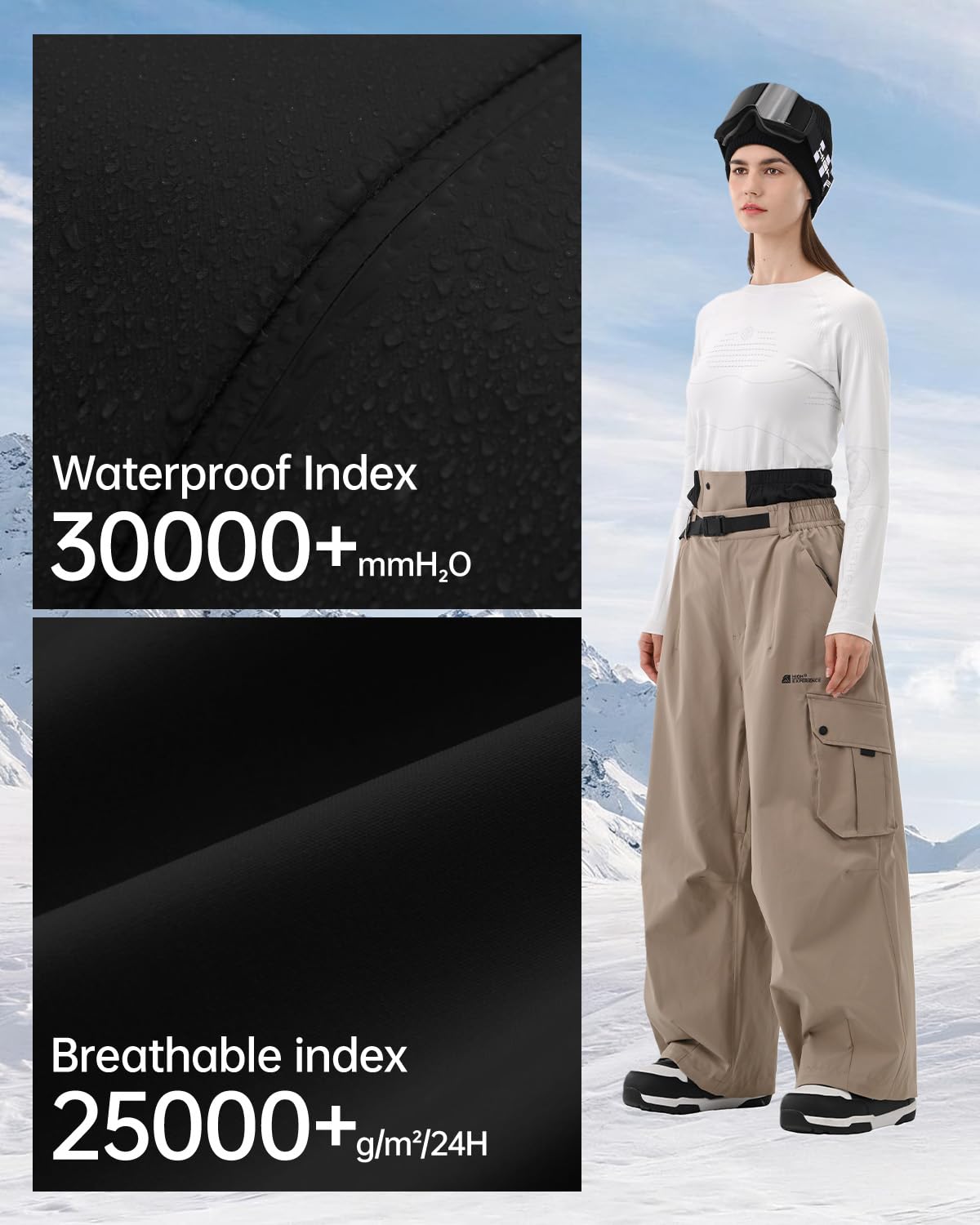HIGH EXPERIENCE Snowboard Pants for Women Men Baggy Ski Pants Snow Loose Warm Insulated Winterproof Waterproof (Khaki, Small)