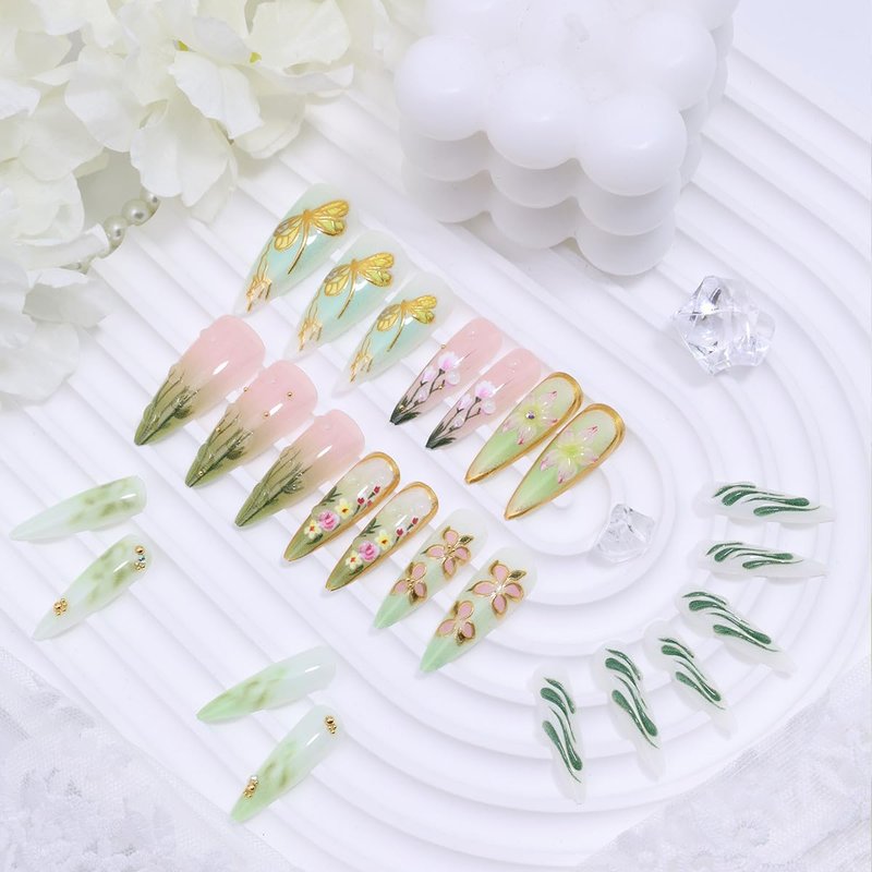 24Pcs Green Press on Nails Long Stiletto Fake Nails 3D Pink Flower Dragonfly with Gold Beads Glitter Designs Spring Summer False Nails Cute Stick on Nails for Women Acrylic Manicure Salon Decorations