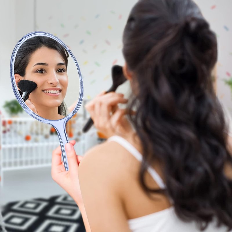 Regine Switzerland Handheld Makeup Mirror - Double-Sided 1X/2X Magnification, Rounded Blue Design