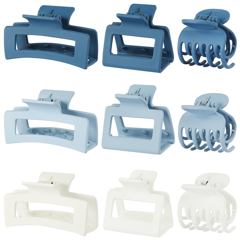 CHANDAT 3 Style Blue Hair Claw Clips Set - 9 pcs Medium Rectangle and Square Clips for Thick and Thin Hair Women's Accessories