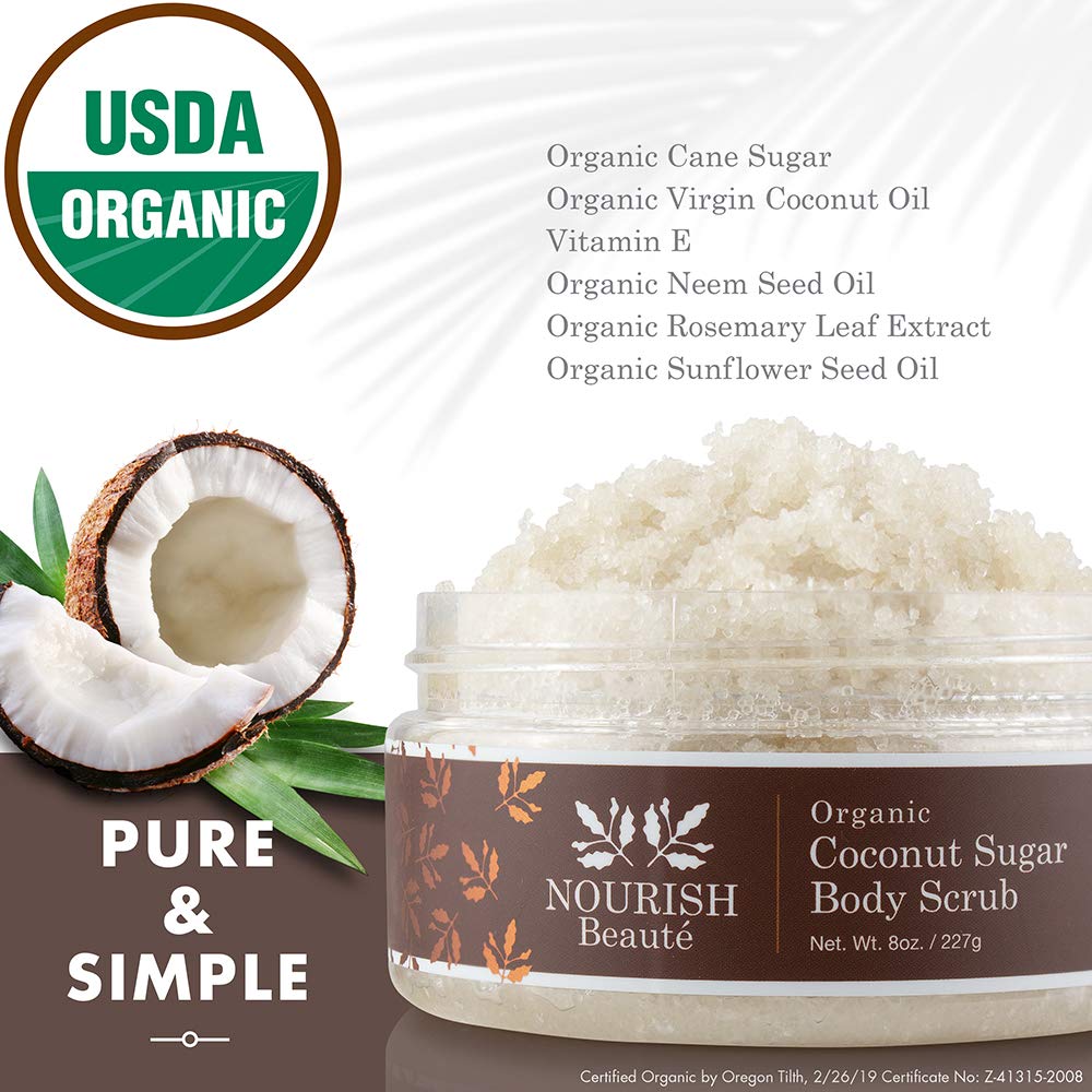 Nourish Beaute Organic Sugar Body Scrub for Exfoliation and Cellulite, Hydrates and Moisturizes Skin While Improving Skin Tone and Texture, 8 oz, Coconut
