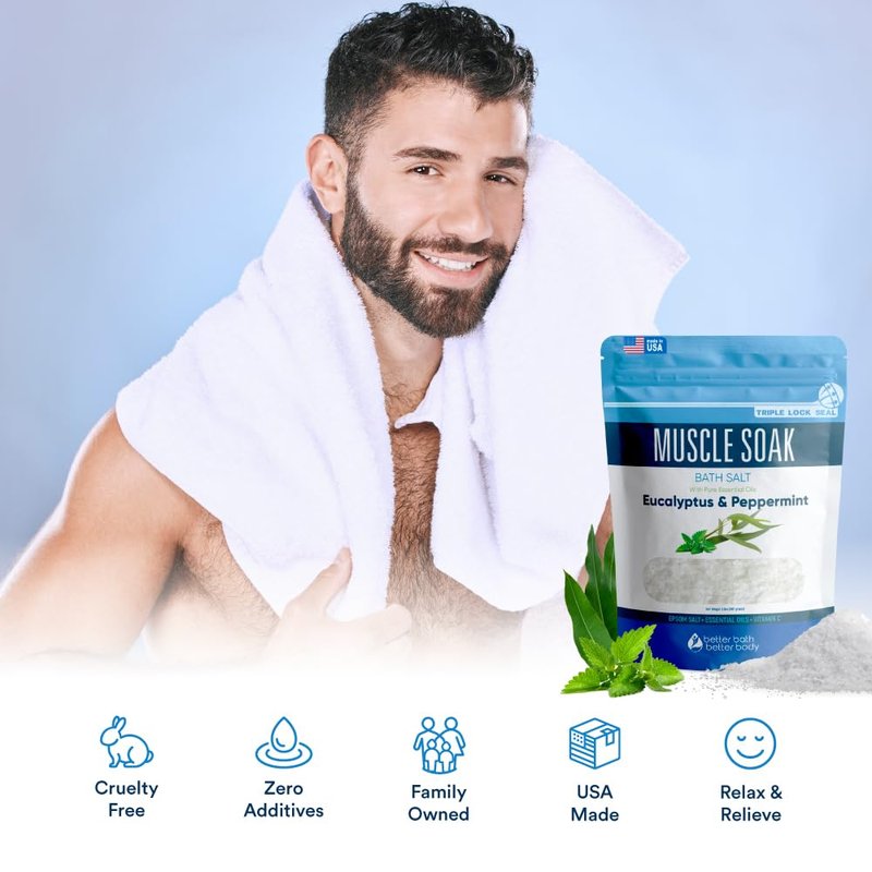 Muscle Soak Bath Salt 128 Ounces Epsom Salt with Natural Peppermint and Eucalyptus Essential Oils Plus Vitamin C in BPA Free Pouch with Easy Press-Lock Seal