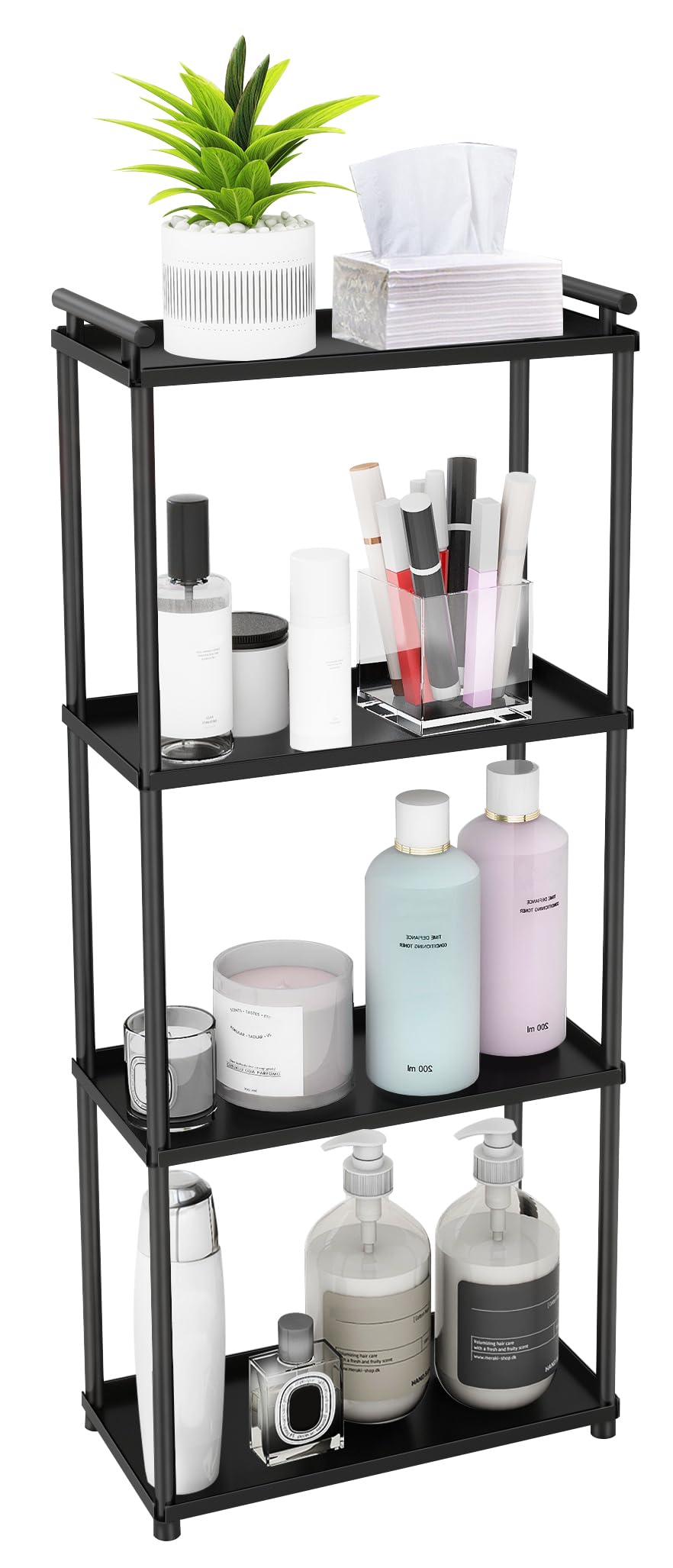 VOTZAAQ Matte Black 4 Tier Bathroom Organizer Countertop, Stainless Steel Perfume Tray and Vanity Countertop Shelf, Makeup Skin Care Bathroom Organizers and Storage for Dresser, Kitchen