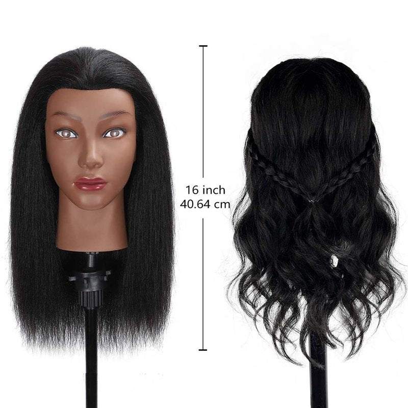 MQHIHI Mannequin Head Human Hair, 100% Real Hair Cosmetology Manikin Doll Head for Hairdresser Practice Braiding with Free Clamp Holder and Tools (16 Inch)