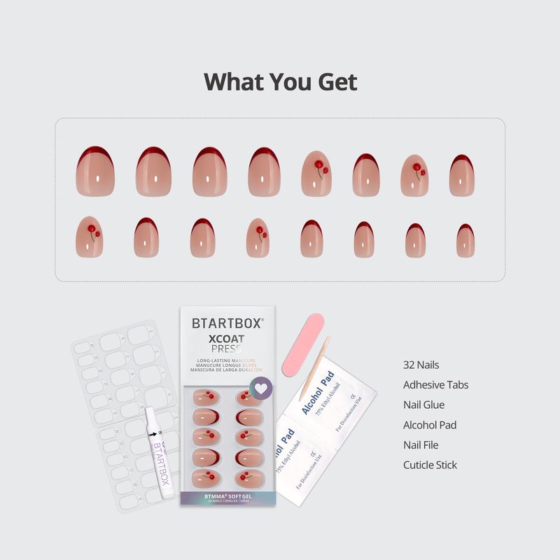 BTArtbox Press On Nails Short - New Red, Sparkle Deep Red Almond Press On Nails with Glue and Adhesive Tabs for Women in 16 Sizes - 32 Soft Gel Glue On Nails Kit