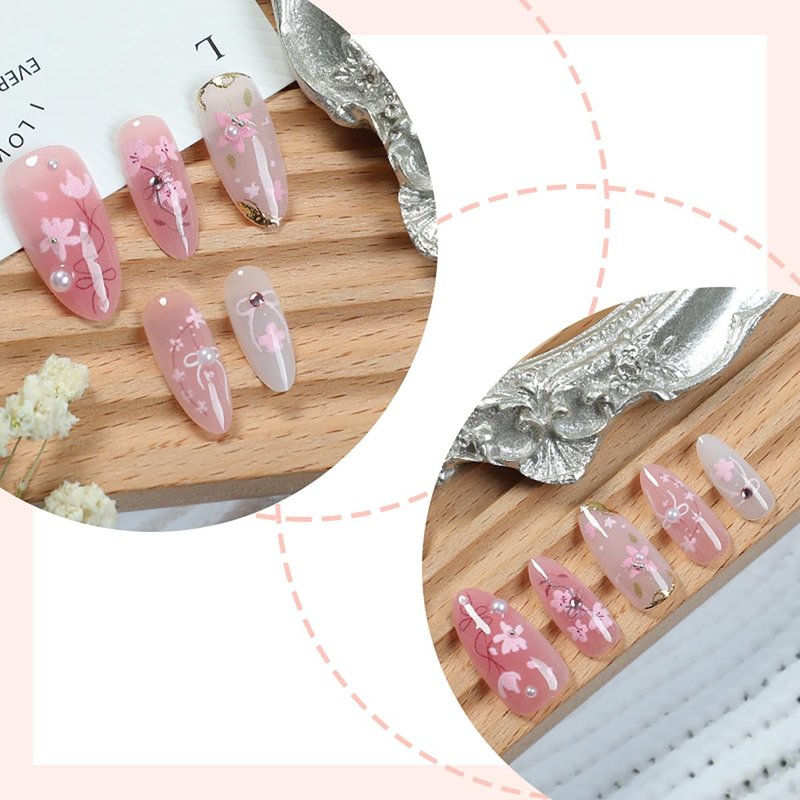 Pink Flower Press-On Nails - 30 Pcs Medium Almond with 3D Rhinestones & Gold Glitter | Spring Cat Design