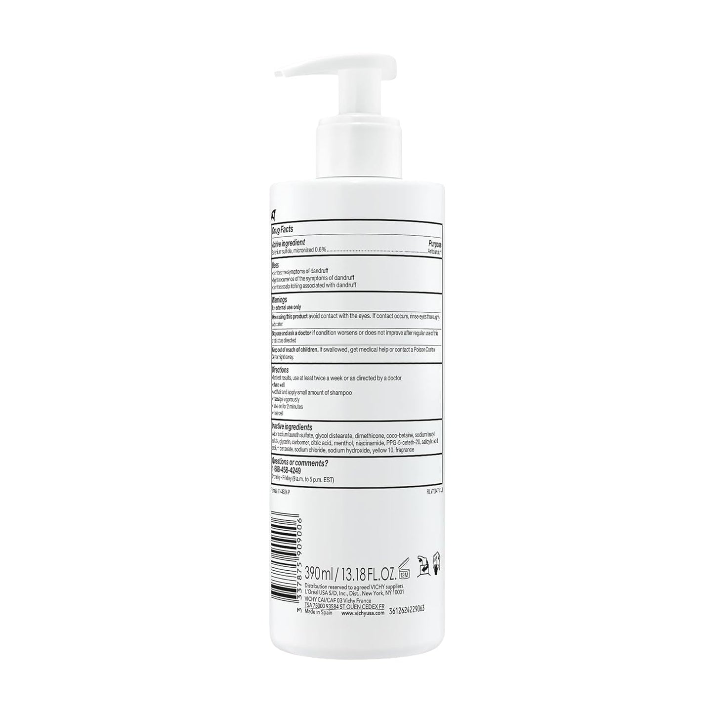 Vichy Dercos Dandruff Shampoo - Clinical Strength Itchy Scalp Treatment with Selenium Sulfide & Niacinamide | Color Safe, 13.5 oz