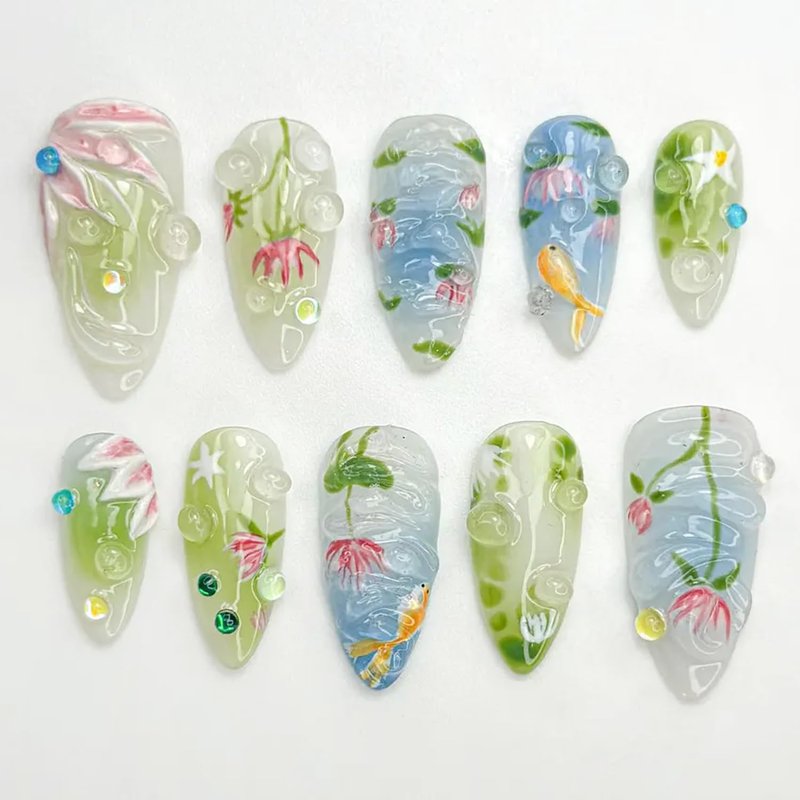 Handmade Almond Press on Nails - Koi Fish & Lotus Flower Design, Water Ripple Texture Blue Green Gradient Fake Nails with Rhinestones, Reusable Glossy False Nails for Women Spring Summer Nail 24Pcs