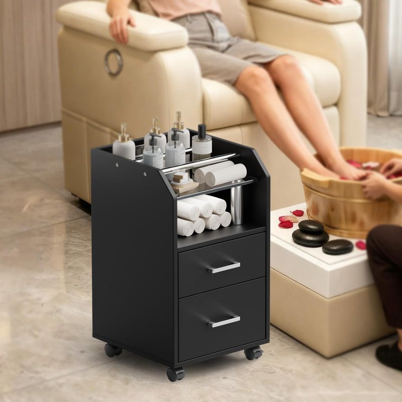 OmySalon Pedicure Cart - Portable Foot Bath Trolley with Storage Drawer & Locking Wheels | Black