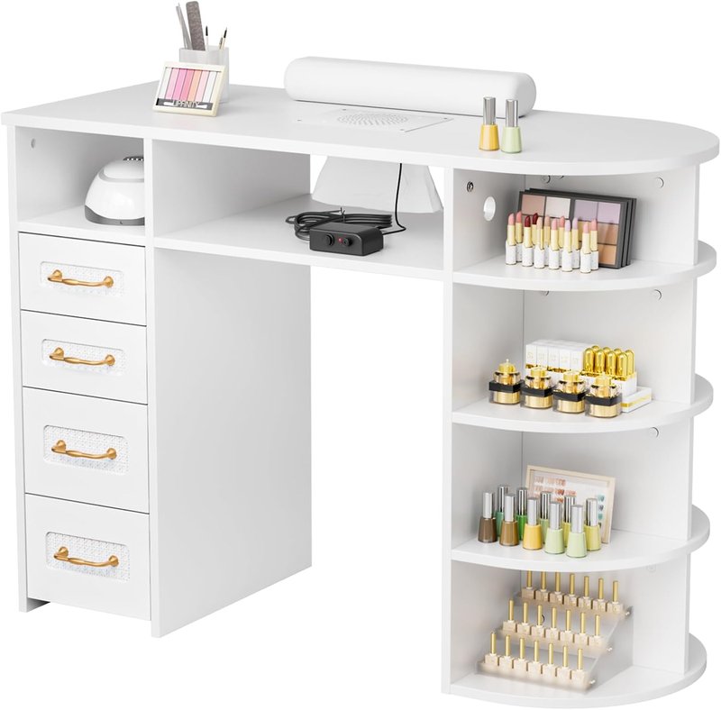OmySalon Nail Desk - Professional Rattan Manicure Table with Electric Dust Collector & Storage Drawers (White)