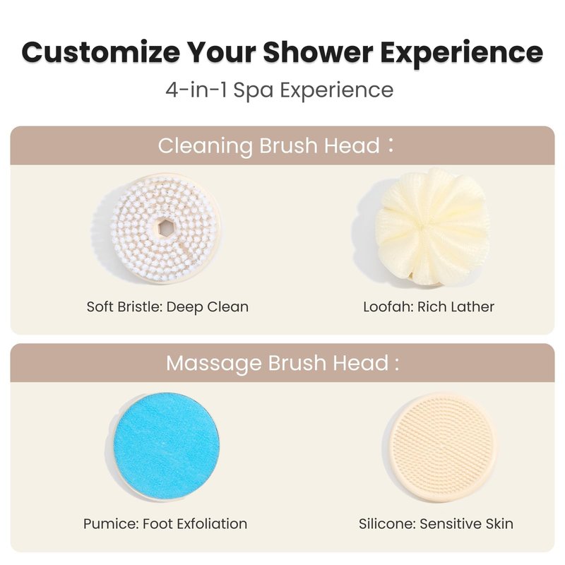 Electric Back Scrubber for Shower, Waterproof Body Brush with 4 Replacement Heads & Auto-Lock & Long Handle, 3-Speed Rechargeable Power Back Scrubber for Exfoliating & Deep Cleaning & Skin Massaging