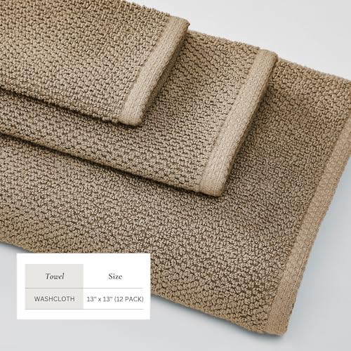 Great Bay Home Taupe Washcloth Set ? 100% Cotton 12-Pack 13"x13", Absorbent & Quick-Drying, Soft & Durable
