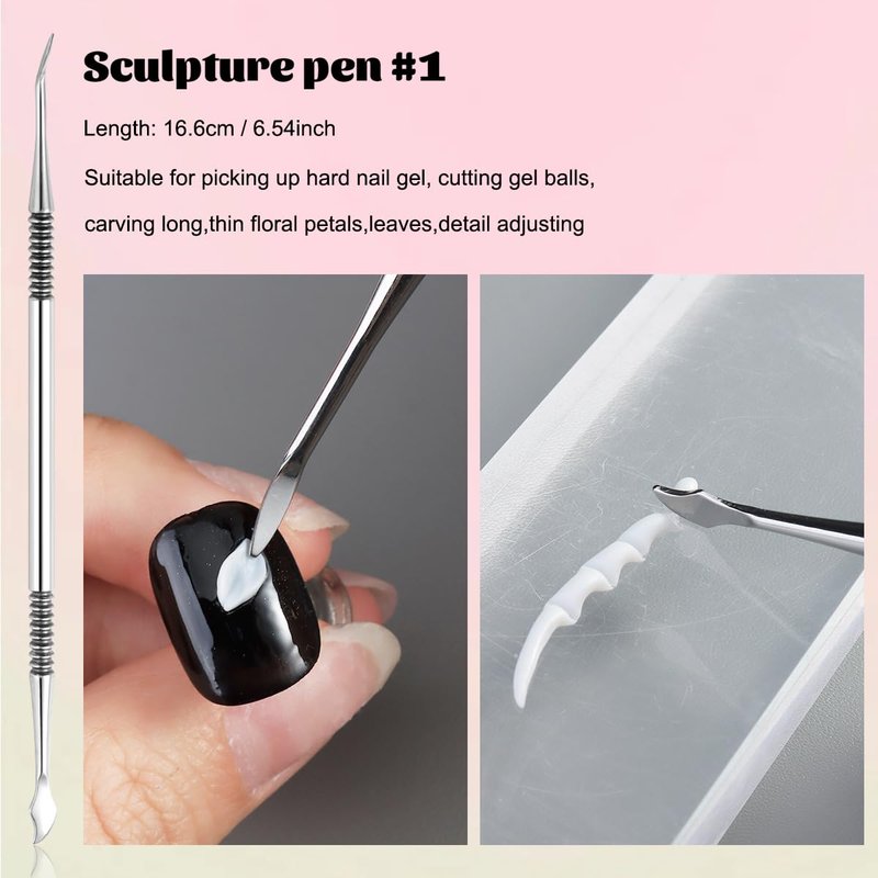 Fcozpjk Nail Art Sculpture Pen, 3PCS Double-head Stainless Steel 3D Gel Art Sculpting Pens Dotting Tools Acrylic Powder Flower Design Carving Modeling for Builder Gel Chrome Powder Applicator Manicure