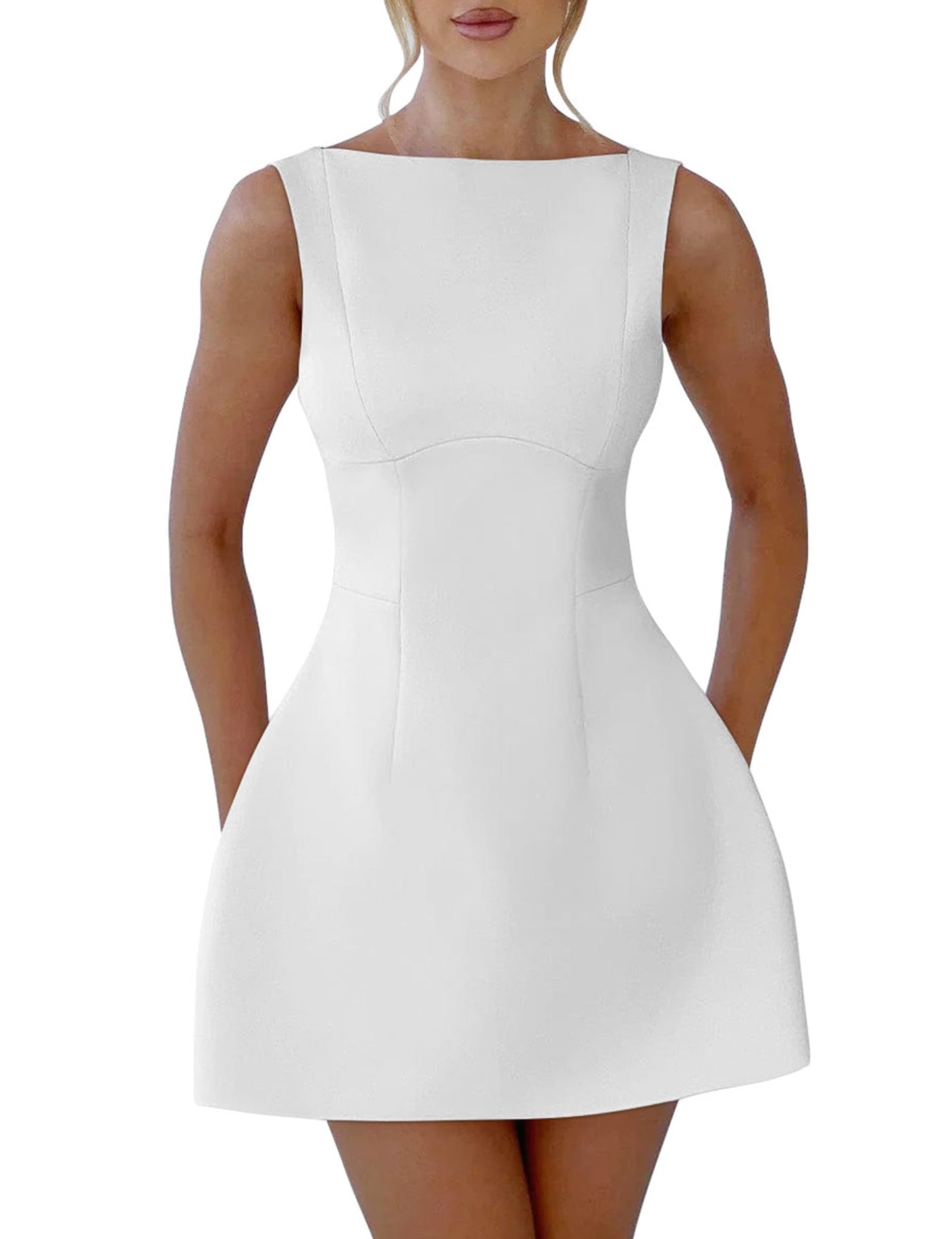 YMDUCH Women's Sexy Sleeveless Crew Neck Backless A-line Party Short Mini Dress White