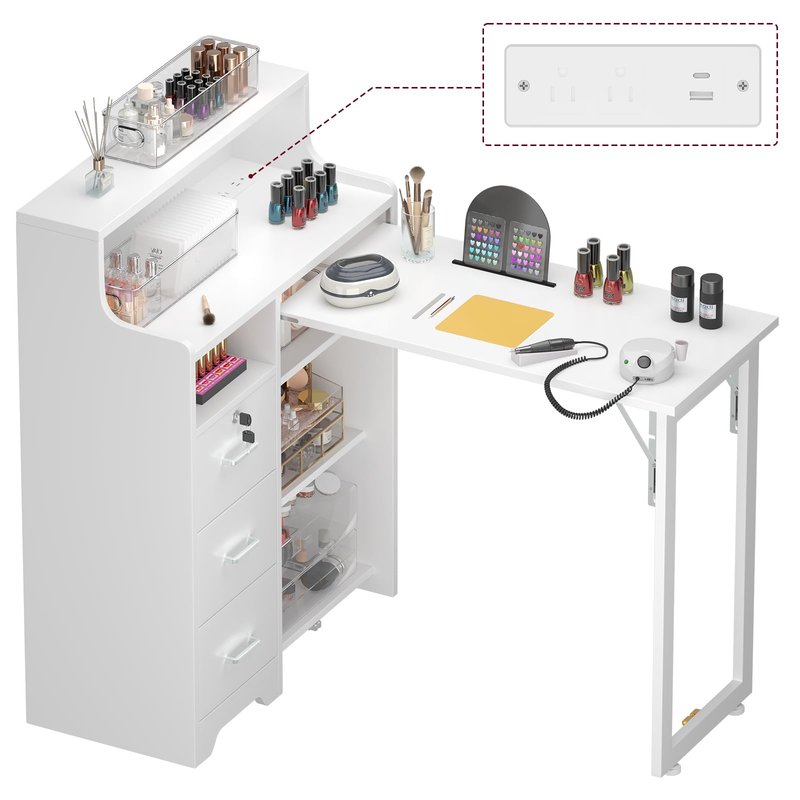 DUDUSHIMAN Foldable Nail Desk for Nail Tech, L Shape Manicure Table with Cabinet Drawer & Built-in Charging Station, Portable Nail Table for Beauty Salon Workstation (White)