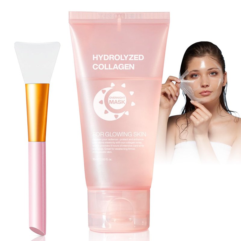 Josmon Collagen Night Wrapping Mask for Glowing Skin, Collagen Overnight Wrapping Peel Off Facial Mask for Elasticity Hydration, Reduce Sagging Dullness, 2.53 fl.oz, Pink(Brush Included)