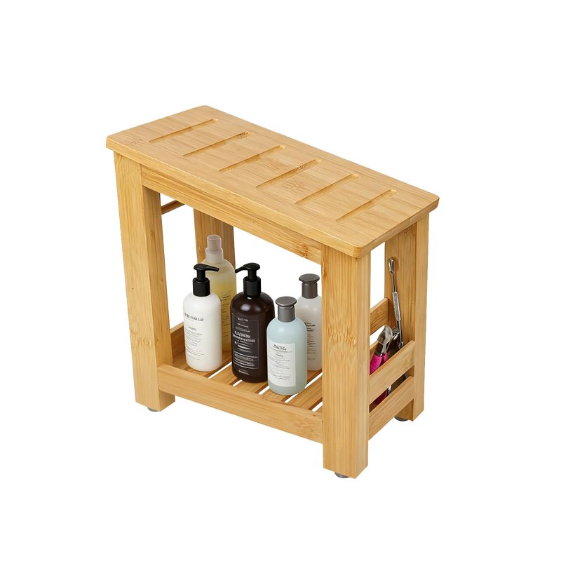 Forest Manor Bamboo Shower Foot Rest Stool for Shaving Legs & Pedicure, Non-Slip Bathroom Foot Step with Storage Pocket, Solid & Water-Resistant,Natural