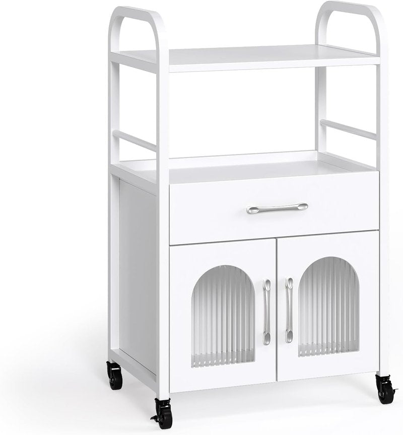 OmySalon Salon Trolley Cart - Esthetician Mobile Storage Station with Drawer & Tray | White