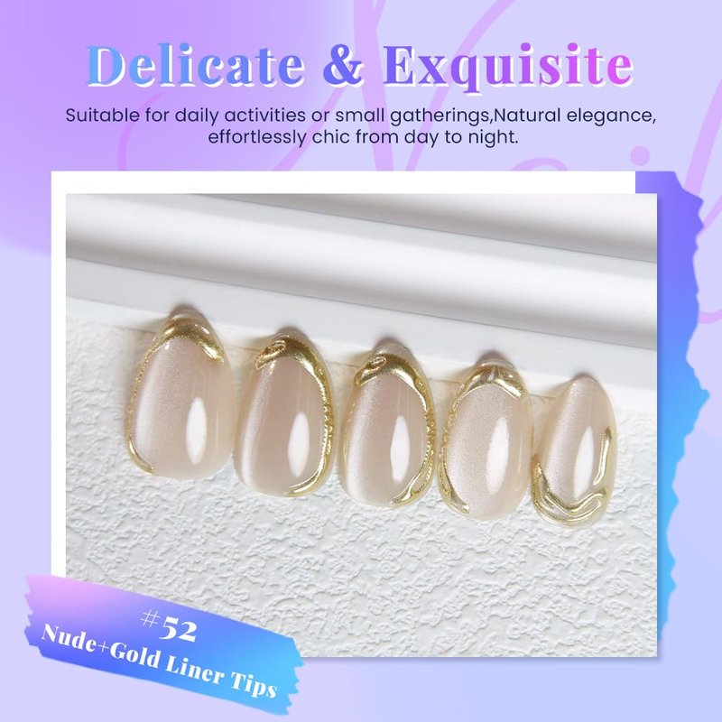 Nude Cat Eye Press-On Nails - Short Almond Shape with Gold Liner Design | Reusable Soft Gel Fake Nails for Women