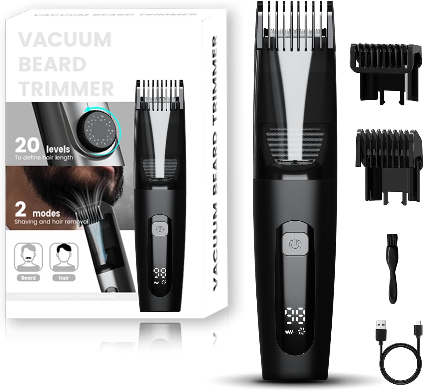 Skiennix Vacuum Beard Trimmer - No Mess Trimming with 40 Lengths, Waterproof, LED Display, USB-C Grooming Kit