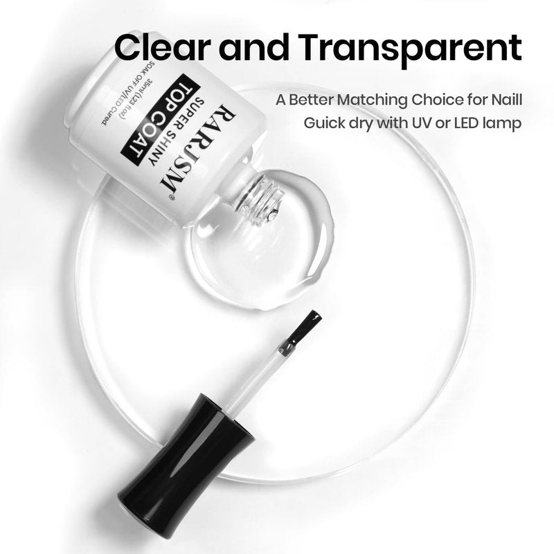 RARJSM No Hema Top Coat Gel Nail Polish 35ml No Wipe Clear Glossy Mirror Shine Long Lasting Top Gel Polish Big Capacity Soak Off Single Bottle LED UV Curing Requires for Home Salon Manicure