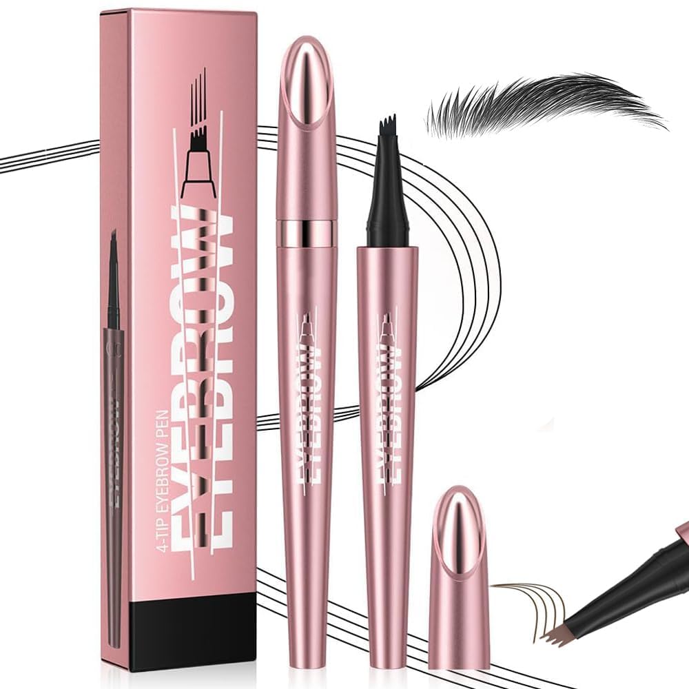 Waterproof Eyebrow Pen, 3D Microblading Eyebrow Pencil, Waterproof Eye Brow Pen with 4 Tip, Long-Lasting Smudge-Proof & Natural Eyebrow Definer for All-Day Wear (Black)