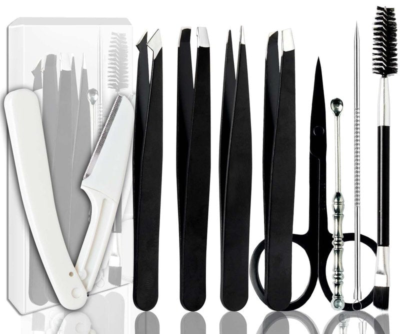 Muzioiernsu Tweezers Kit Tweezer for Women Facial Hair Removal Tweezers Professional Tweezers Set Eyebrow Tweezer, [9+1 PCS] Professional Stainless Steel Eyebrow for Women &Men,Black Beauty Sets