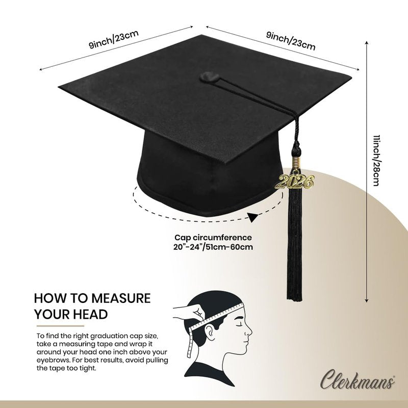 CLERKMANS Black Graduation Cap with Black Tassel Includes 2026 Date Drop - 6” Hang Loop - One Size Fits All