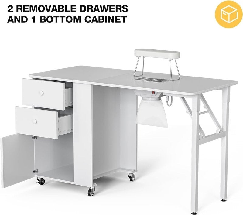 Belandi Foldable Manicure Table Nail Table,Folding Nail Desk Station for Nail Tech w/Electric Downdraft Vent,Lockable Wheels,Foldable Nail Arm Rest,Storage Drawers,Wooden Handles(White)