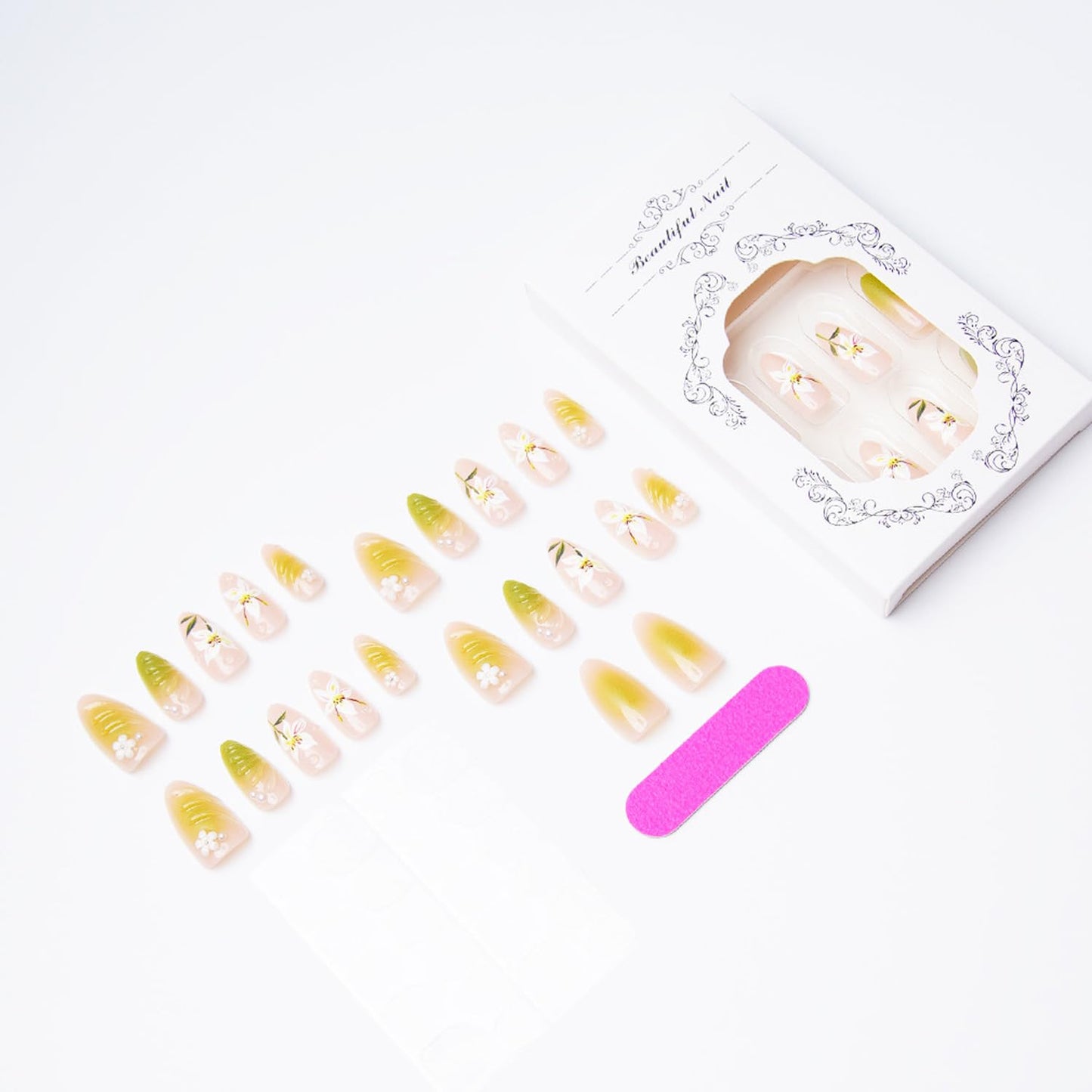 Spring Flower Press-On Nails - 30 Pcs Hand-Painted 3D Floral Design | Medium Almond Shape, Green Gradient