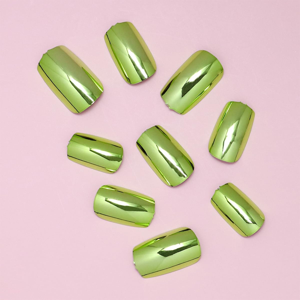 Square Press On Nails Medium Fake Nails Mirror Metal With Chrome Design Green False Nails Acrylic Glossy Glue On Nail Artificial Full Cover Reusable Stick On Nail For Women Manicure 24pcs
