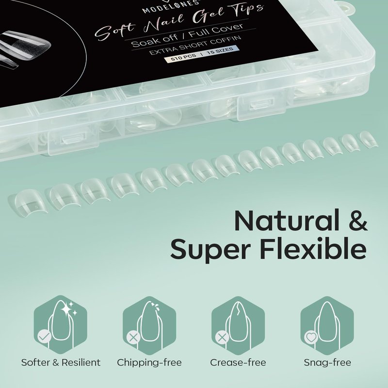 Modelones Extra Short Coffin Fake Nail Tips - 510Pcs Gel Tips Pre-shaped Half Matte Full Cover Clear Acrylic Gel Kit False Press on Nails for Extension DIY Salon 15Sizes