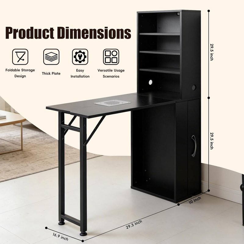 Portable Foldable Nail Desk with Dust Collector - Black Manicure Table with Storage & Hand Rest