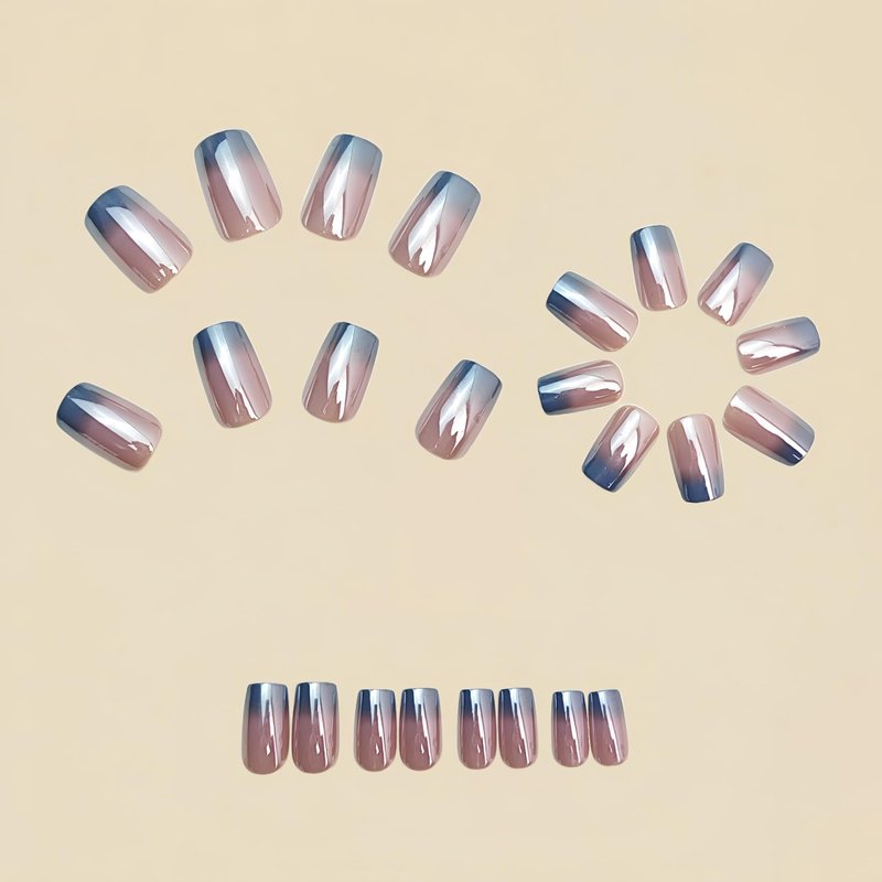 Gray Chrome Press on Nails Medium Square Fake Nails Silver Gradient French Tip Glossy Shiny Full Cover Laser Acrylic False Stick on Nail Reusable for Women Girls Manicure Decoration 24Pcs